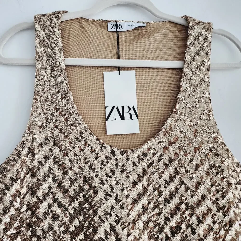 Zara Gold Sequin Sleeveless A-Line Mini Dress Scoopneck Sleeveless Size Small - Picture 7 of 10